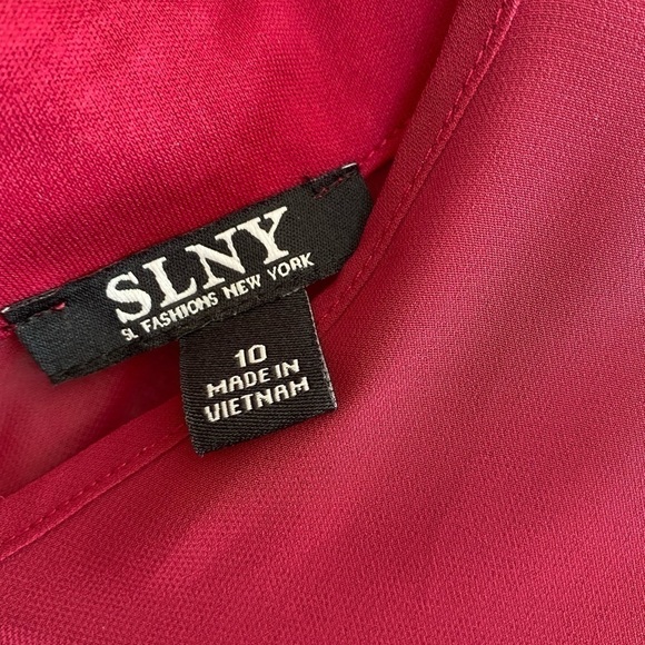 22. SLNY 2Pc Sleeveless V Neck Shift Dress Embellished Neck Shear Overlay Sz 10 - Picture 8 of 11